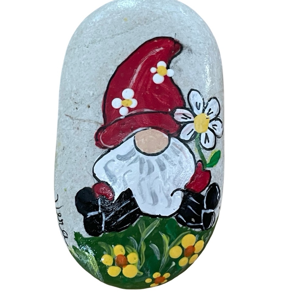 Hand crafted painted daisy gnome rock white red black yellow green gray garden - Picture 6 of 11